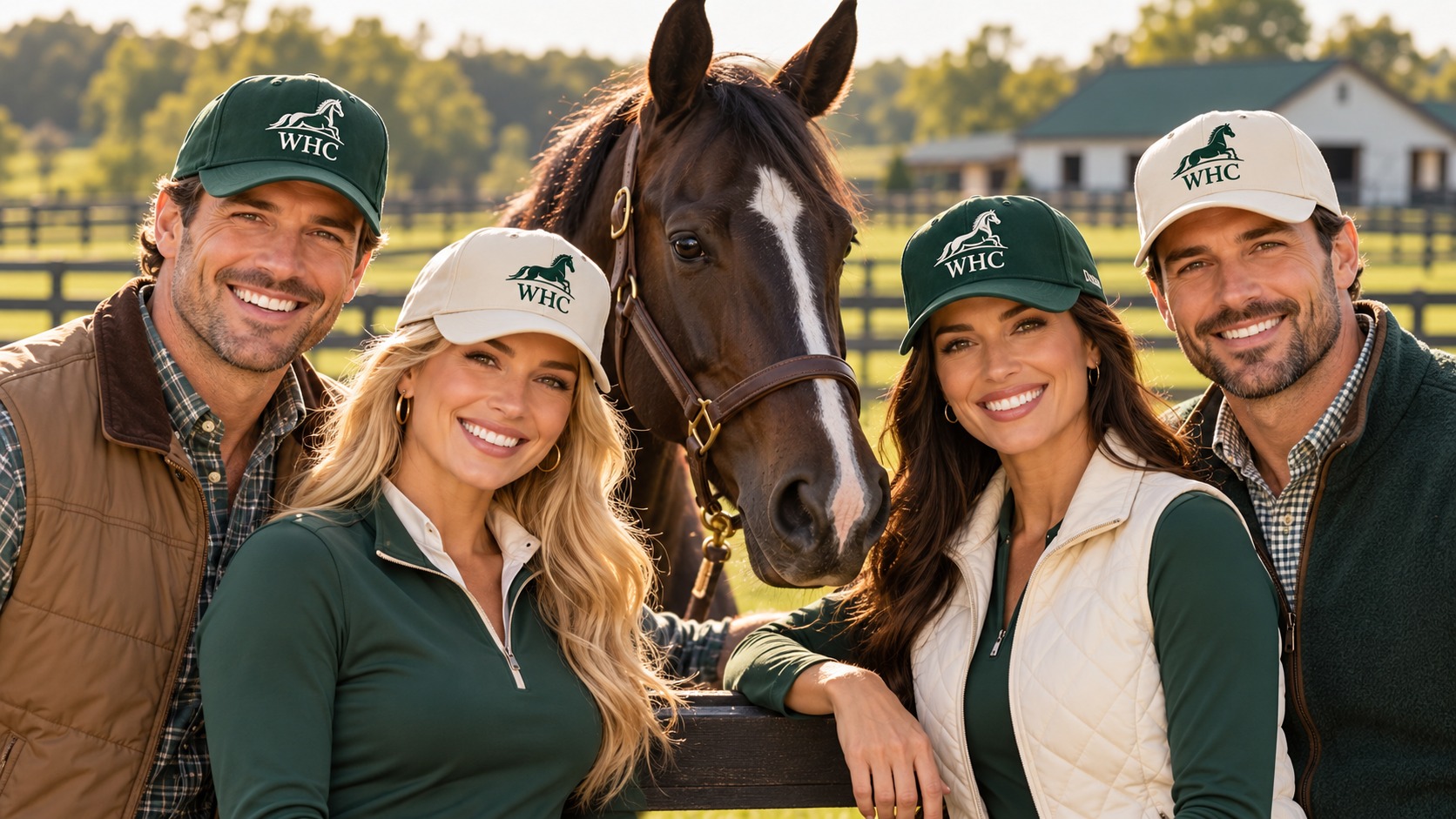 Four adult male and female models wearing green and ivory caps embroidered with the WHC horse logo